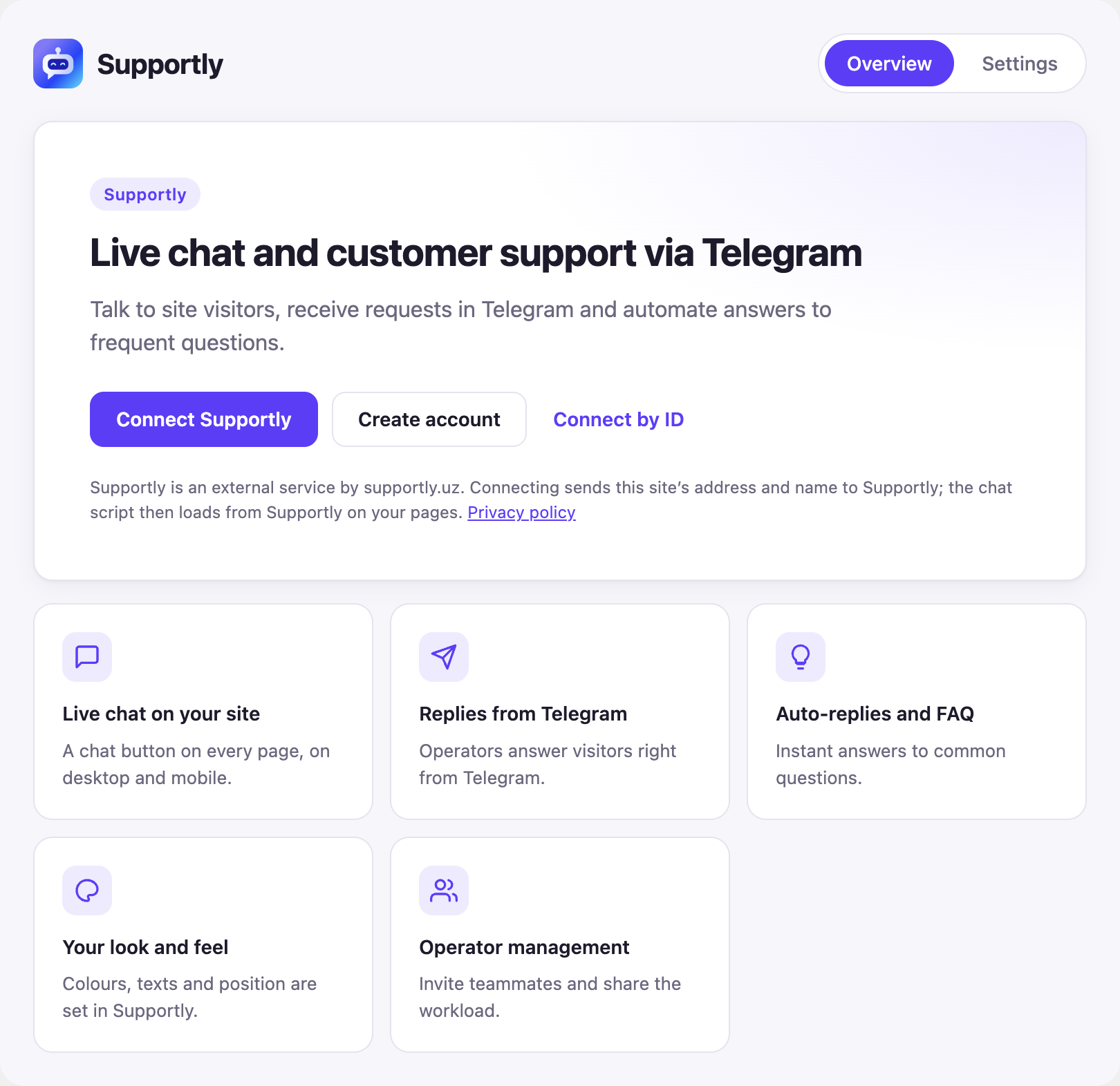 WordPress ichidagi Supportly plaginining haqiqiy ulanish ekrani