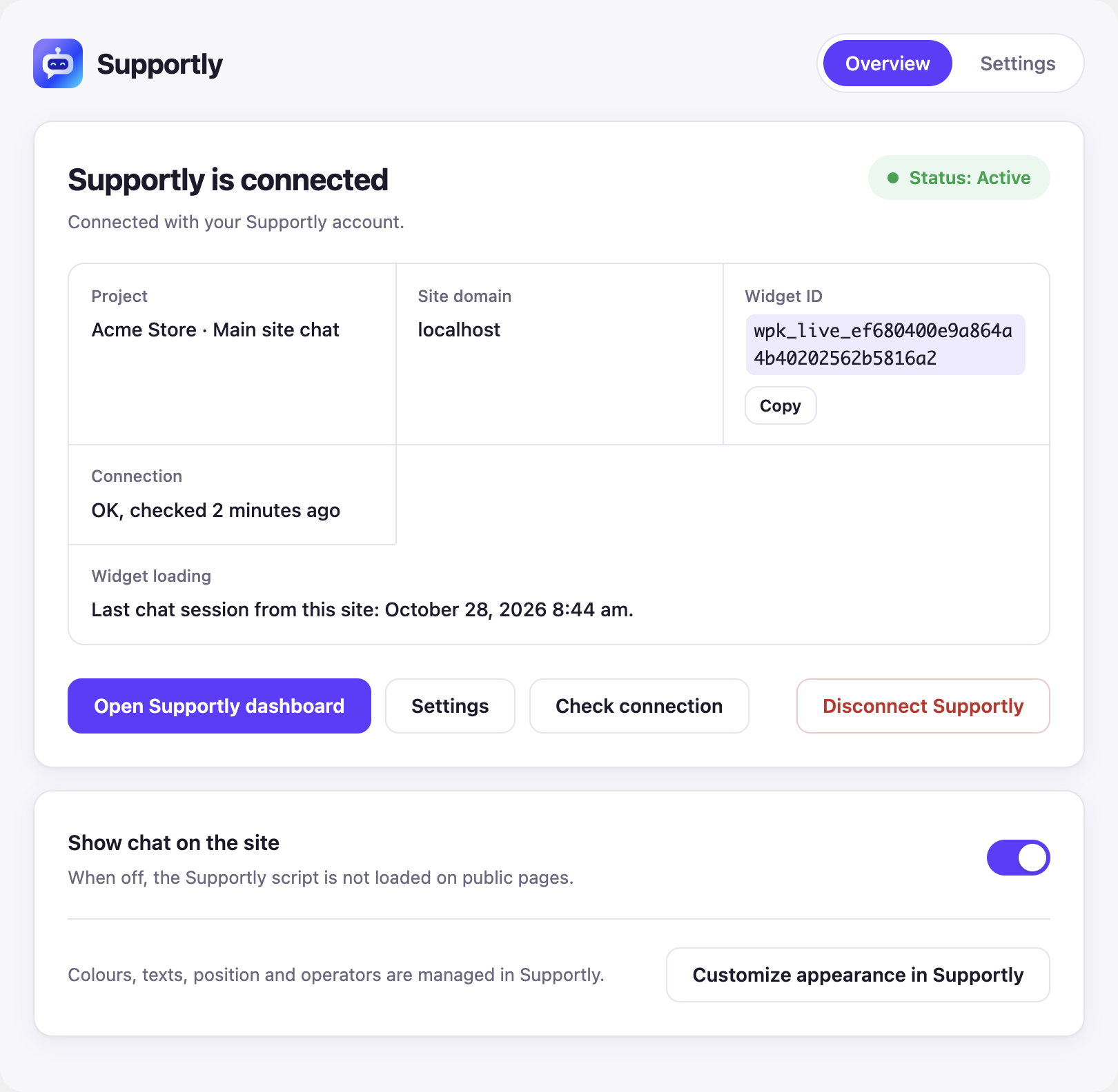 WordPress ichidagi Supportly vidjeti umumiy ko‘rinishi
