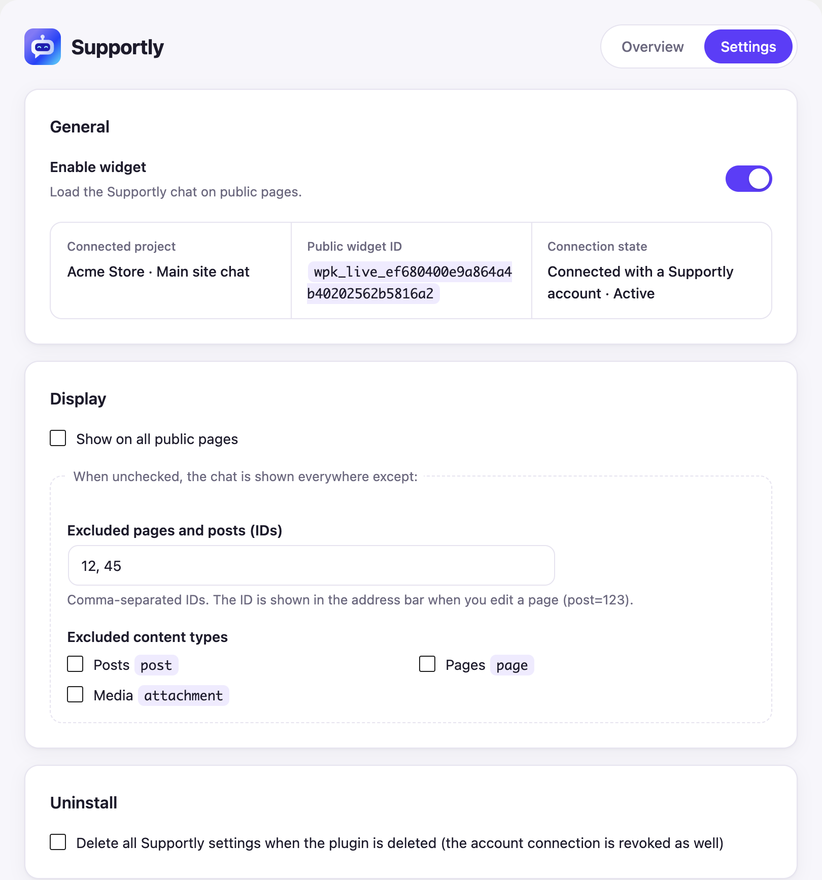 WordPress ichidagi Supportly vidjeti sozlamalari